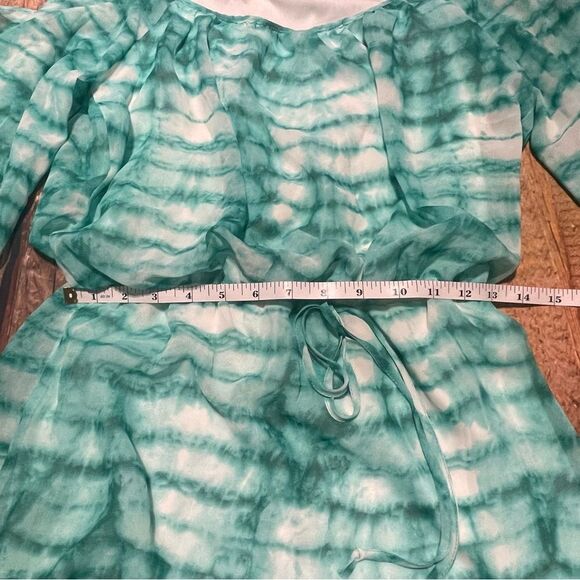 BISOU BISOU green white tie dye chiffon blouson cold shoulder dress Sz4 Preowned - Picture 5 of 6